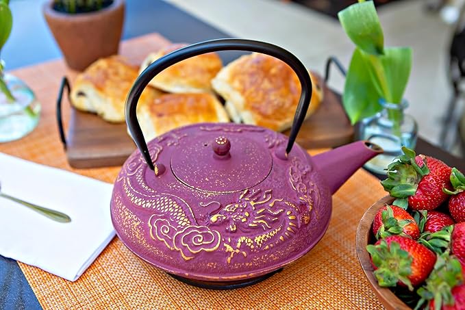 Large Cast Iron Tea Kettle Set - 40oz/1200ml Japanese Teapot with Infuser & Matching Trivet - Tetsubin Iron Tea Pot Japanese Style with Enamel Interior - Handcrafted Dragon Teapot Humidifier - Purple - Bloomnest