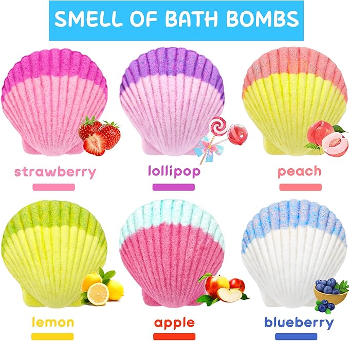 Mermaid Bath Bombs for Kids Girls with Surprise Inside, 6 Pcs Natural Fizzy Princess Fun Shell Bubble Bath Bomb Kit with Jewelry Toys, Christmas Easter Basket Stuffer Valentines Day Birthday Gift Set - Bloomnest