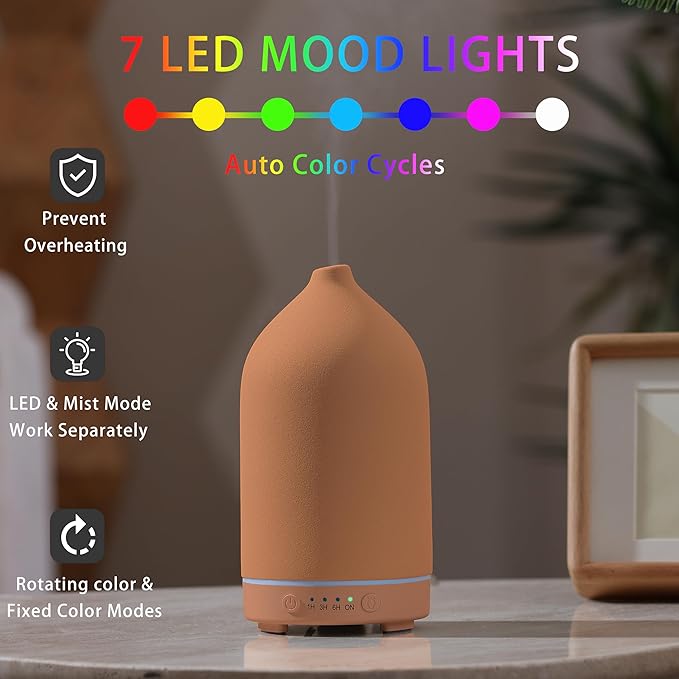 200ML Ceramic Essential Oil Diffuser - Ultrasonic Aromatherapy & Humidifier with 7-Color LED Lights, Auto Shut-Off, Brown, 1H/3H/6H Timer | Scent for Home,Office,Yoga - Bloomnest