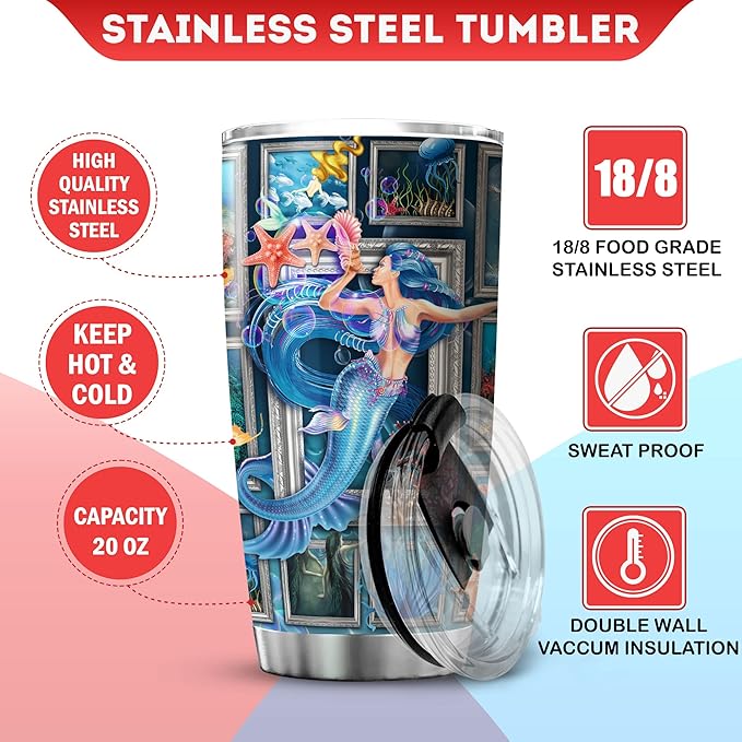 Mermaid Tumbler For Women Stainless Steel Coffee Cup With Lid 20 Oz Ocean Themed Gifts Mermaid Things For Girls Birthday Present Insulated Mug Novelty Mermaids Gift Ideas - Bloomnest
