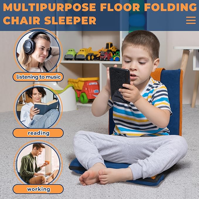 2 Pcs Floor Chair with Back Support Padded Floor Seating Portable Floor Seat Meditation Cushion Adjustable Fully Folding Backrest for Adult Kid Gaming Linen Washable Cover, Nylon Bottom (Blue, Khaki) - Bloomnest