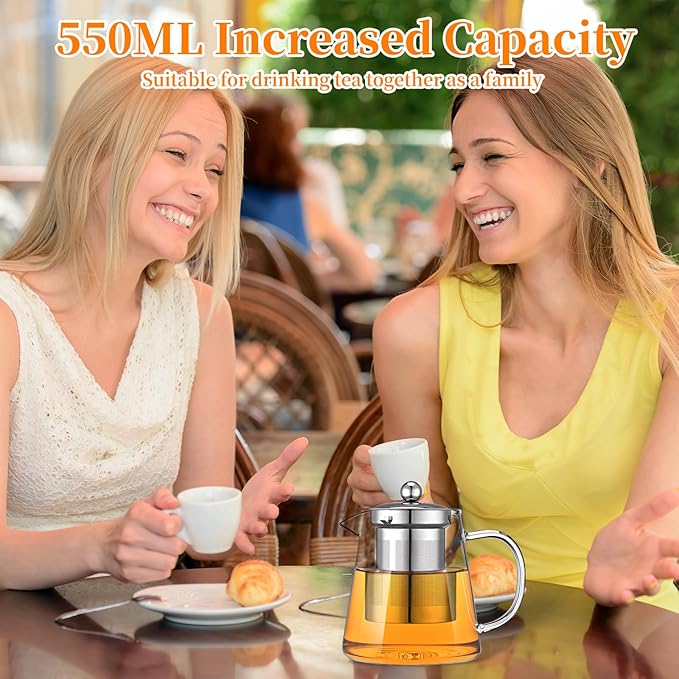 Glass Teapot with Stainless Steel Infuser, Borosilicate Tea Kettle, Clear Tea Maker for Loose Leaf Tea (550ML)