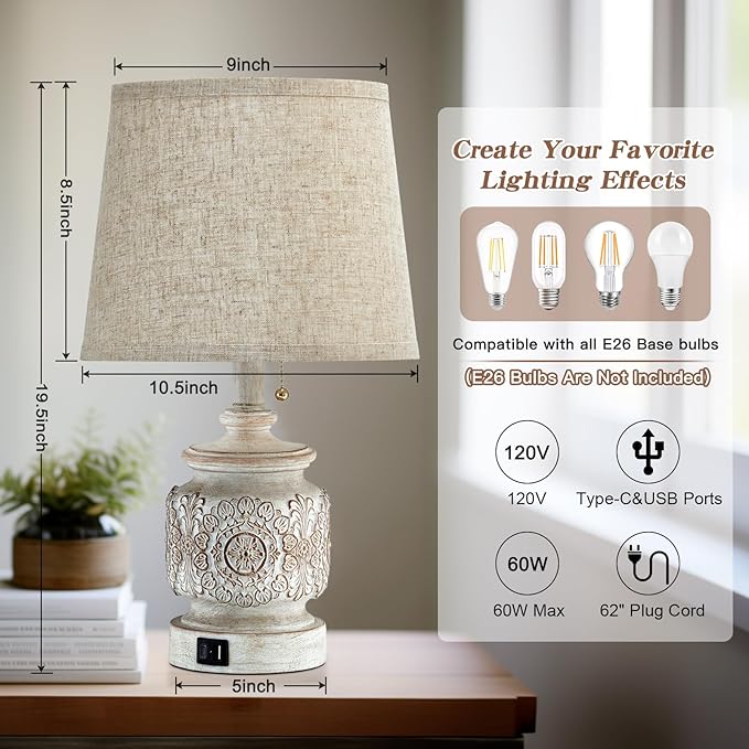 19.5" Farmhouse Vintage Table Lamps for Living Room Set of 2 Traditional Rustic Bedside Lamps for Bedrooms Nightstand with USB Ports Carved Floral Night Light Lamp for Office Decor,Pull Chain - Bloomnest