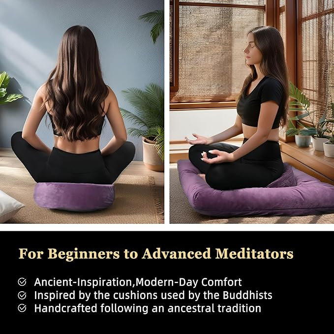 Meditation Zafu Cushion Set with Buckwheat Hulls & Memory Foam - Ergonomic Support for Yoga & Sitting - Removable Machine-Washable Luxury Velvet Cover - for Adults and Kids (Purple) - Bloomnest