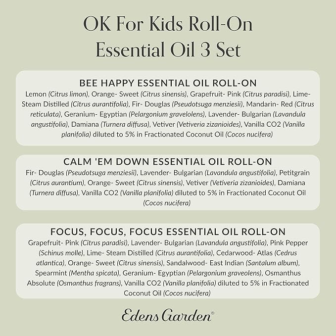 Edens Garden OK For Kids Essential Oil Roll-On 3 Set – 100% Pure Therapeutic Grade, Natural Aromatherapy Blends – Gentle & Pre-Diluted, Includes Bee Happy, Calm 'Em Down & Focus, 10 ml Roll-On/ 3 Pack - Bloomnest