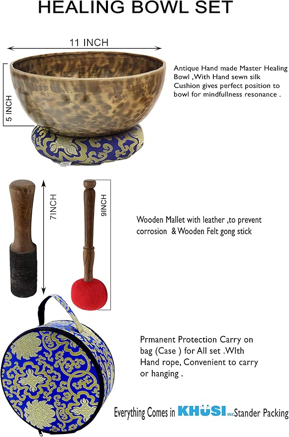 KHÜSI INC10"Antique Hand-hammered Tibetan Singing bowl set ~ Master healing Himalayan singing bowl ~Meditation Kit for Chakra Healing and ZEN ~ Professional healing bowl set. Khusi+Inc