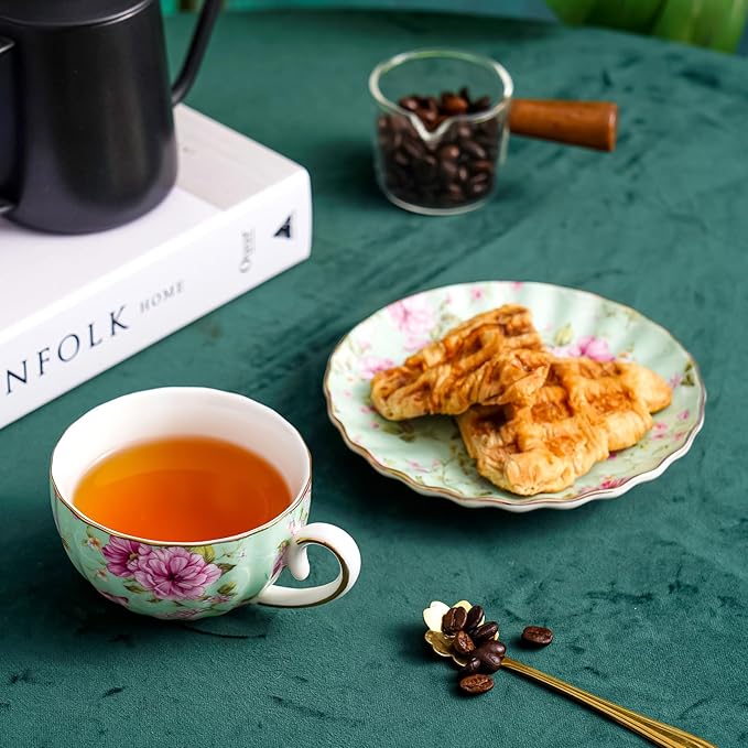 Tea Cup and Saucers, 6.4oz Floral Tea Cups with Gold Trim, Porcelain Teacup, Coffee Cappuccino Espresso Latte Mugs for Party Birthday,Party Cafe Home, Christmas Gift (Green) - Bloomnest