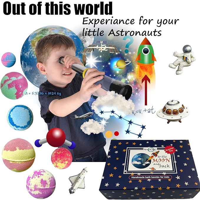 Galaxy Bath Bombs for Kids with Surprise Inside - Organic Bubble Bath Bombs with Educational Outer Space Planet Toys. Gentle, Natural & Kids Friendly - Stocking Stuffers Christmas Gifts for Toddlers - Bloomnest