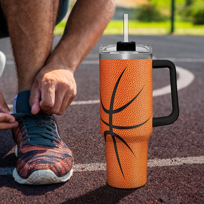 SANDJEST Basketball Tumbler with Handle 40oz Lid & Straw, Insulated Coffee Cup Gifts for Men Boys Players, Christmas Birthday - Bloomnest