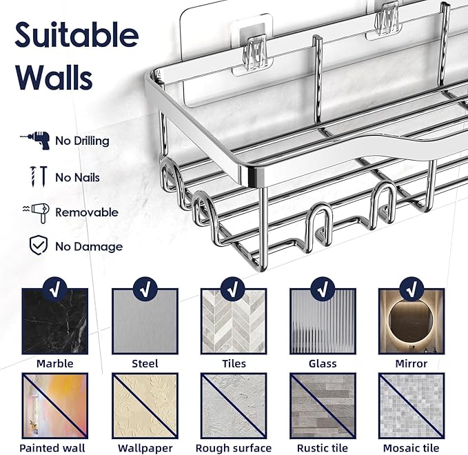 Shower Caddy Adhesive Shower Organizer 7-Pack, Rustproof Stainless Steel Bathroom Shelves, Large Capacity No-Drill Rack Storage Accessories with Soap Dish Toothbrush Holder Hooks - Bloomnest
