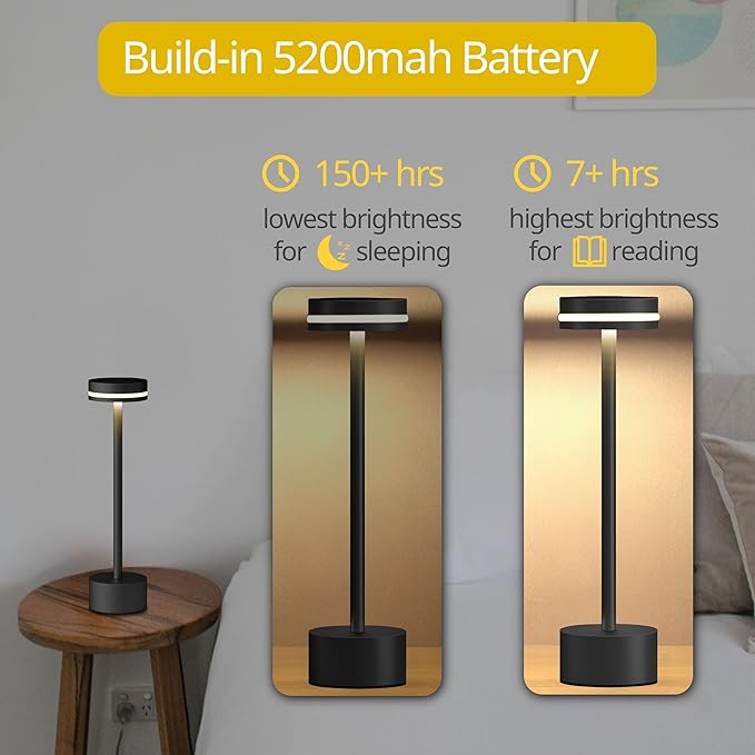 Portable Rechargeable Bedside Lamp, Touch Stepless Dimmable, Cordless Table Lamp for Home, Bedroom, Hotel, Restaurant, Bar, Outdoor, 1 Pack (Black) - Bloomnest
