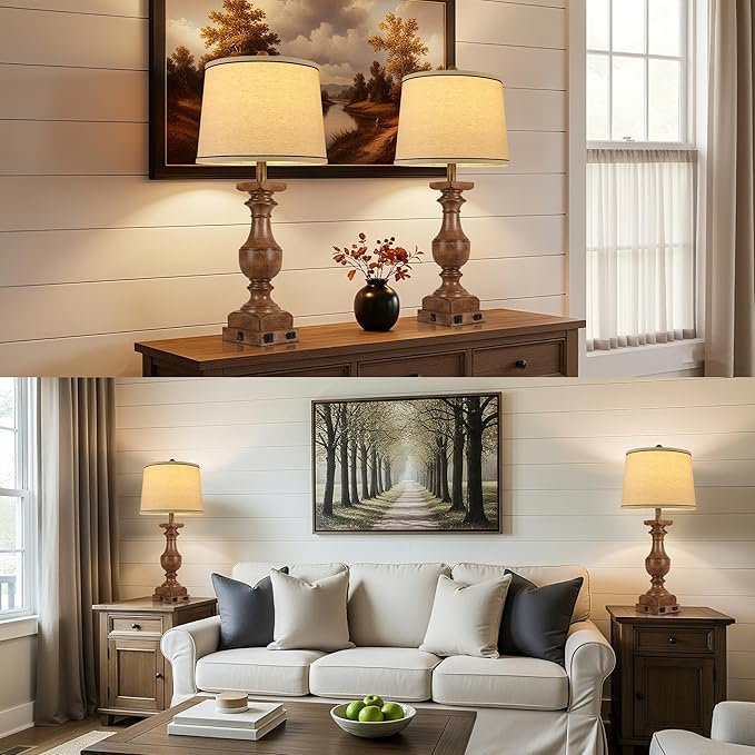 WIHTU Wood Grain Color Table Lamps, 28'' Resin Desk Lamp for Bedroom, Nightstand Lamps Set of 2, Farmhouse Bedside Lamps with Linen Shades, Rocker Switch, Table Lamps with USB A+C Port, Bulb Included - Bloomnest