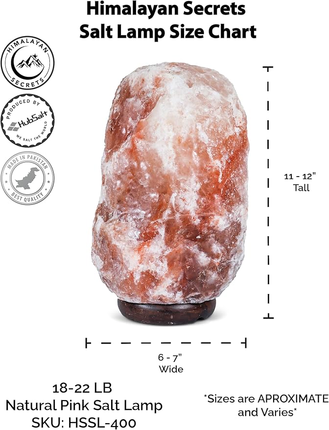 Himalayan Secrets Large Salt Lamp - Natural Pink Crystal with Wooden Base - Dimmer Cord and Bulb Included (18-22 LBS)