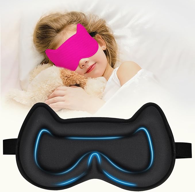 Kids Sleep Mask Eye Mask: 3D Contoured Cup Sleeping Masks, Blindfold with Adjustable Strap, Kids Eye Cover for Boys, Girls, Teens, Pressure-Free with Memory Foam Face Mask for Sleeping (Rose Red) - Bloomnest
