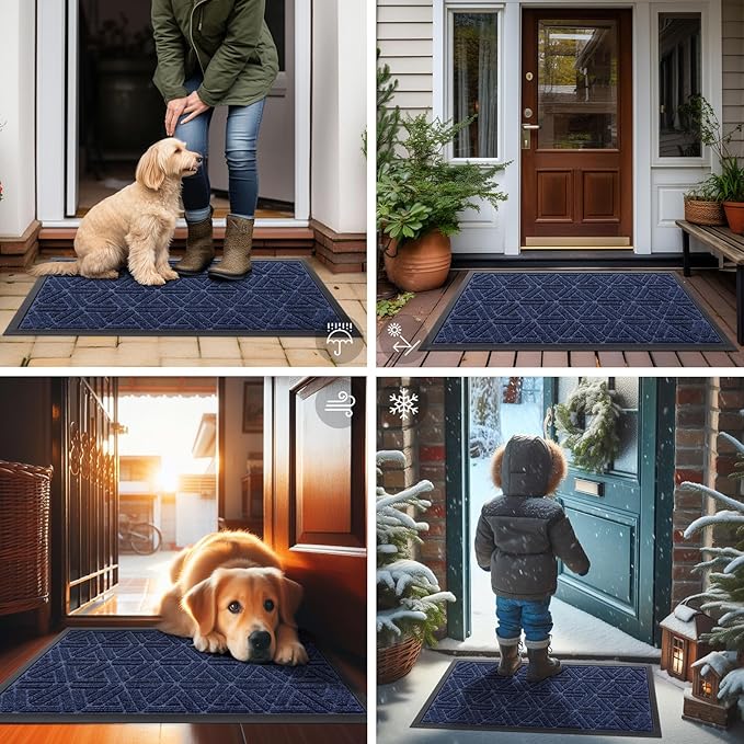 Smiry Front Door Mat Outside Entrance, Heavy Duty Sturdy Natural Rubber Doormat, Trap Dirt and Moisture, Easy Clean Low Profile Mats for Indoor Outdoor Entry, Grid Geometric (71x24, Navy Blue) - Bloomnest