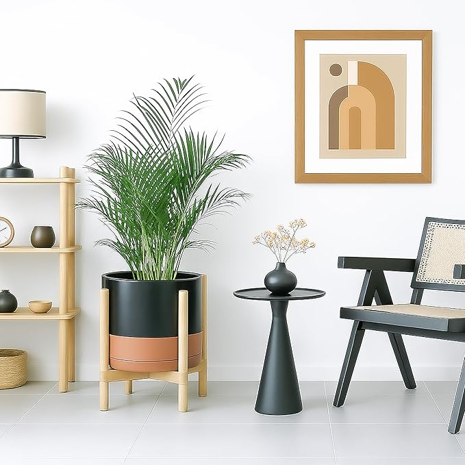 D'vine Dev Ceramic Planter with Natural Stand - 12 Inch Modern Round Flower Pot with Wood Planter Holder, Black/Speckled Tan, 55-B-J-7 - Bloomnest