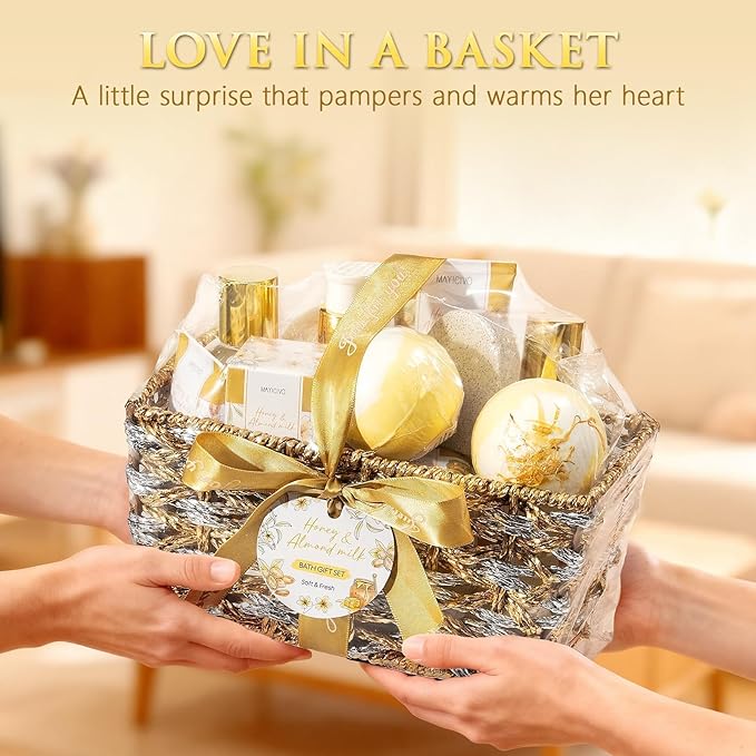 Birthday Gifts for Women, Honey & Almond Milk Relaxing Spa Gift Baskets for Women Self Care Package Bath Gift Set, Home Bath and Body Kit Pamper Valentines Day Gifts for Her Womens Mom Friends Sister - Bloomnest