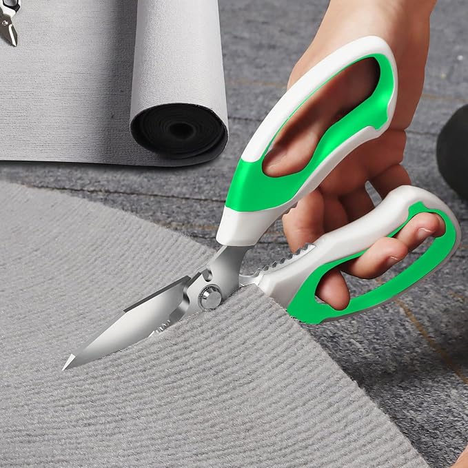 8-Inch Heavy Duty Utility Scissors All Purpose, Serrated Blade, Green Comfort Grip for Cutting Carpet, Cardboard, Leather, Fabric, Multipurpose Sharp Shears for Kitchen, Garden, Office, Carft - Bloomnest