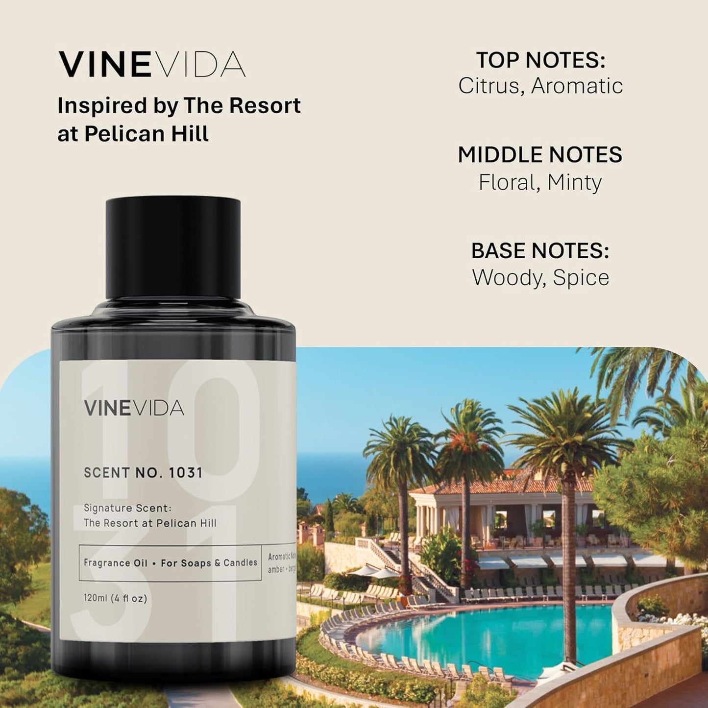 VINEVIDA Scent NO. 1031 Fragrance Oil for Cold Air Diffusers - 120mL (4oz) - Inspired by: The Resort at Pelican Hill Hotel Fragrance Diffuser Oil - Hotel Scents for Home - Diffuser Oil