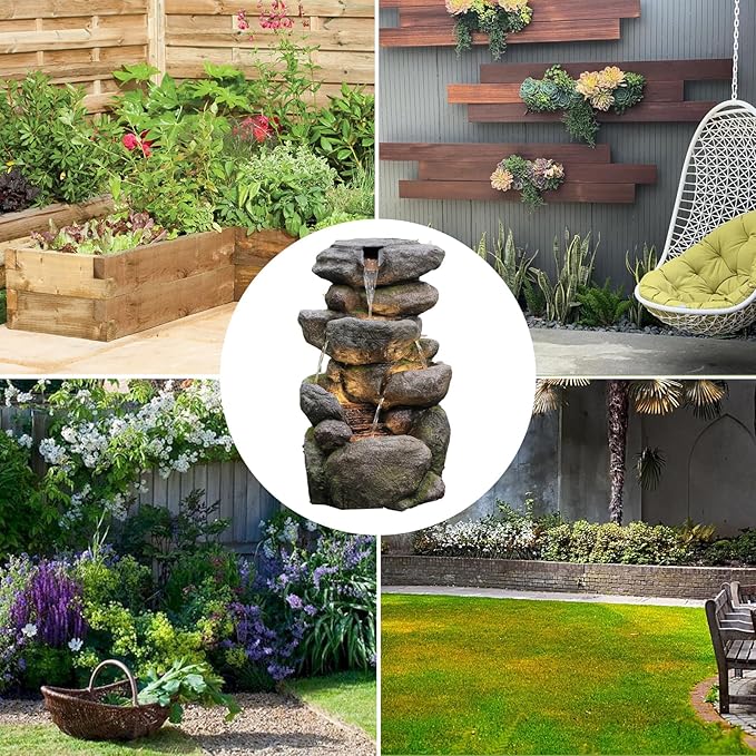Garden Outdoor Fountains 4-Tier Rock Outdoor Water Fountain with Lights, 28.35" Waterfall Fountain for Garden, Patio, Yard, and Lawn, Natural Stone Look Water Features Outdoor Patio - Bloomnest