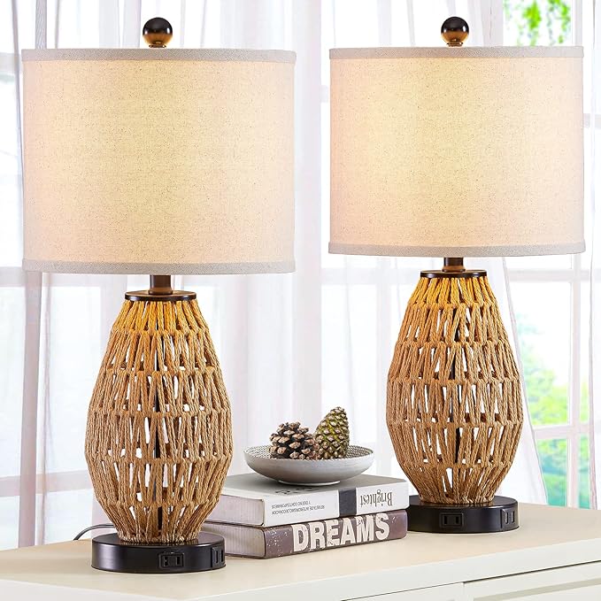 Touch Control Rattan Table Lamps, 3 Way Dimmable Bedside Lamps for Bedroom Set of 2 with 2 USB Ports and AC Outlet, Wicker Nightstand Lamps for Living Room (LED Bulbs Included) - Bloomnest