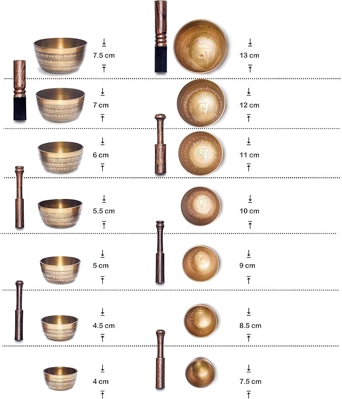 Khusi Tibetan singing bowls chakra sets, hand carved buddha mantra and symbol, sets of seven divine sound bowl. Khusi+Inc