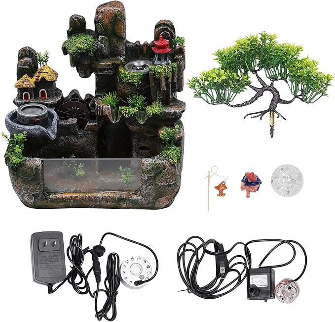 110V 3.5W Tabletop Water Fountain, Indoor Rockery Stream Desktop Fountain Waterfall with Atomizer & Auto Pump, Led Illuminated Waterfall, Zen Dรฉcoration for Meditation for Good Luck & Wealth