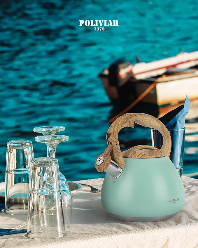 POLIVIAR Tea Kettle, 2.7 Quart Blue Finish with Wood Pattern Handle Loud Whistle Food Grade Stainless Steel Teapot, Anti-Hot Handle and Anti-Rust, Suitable for All Heat Sources JX2025-TB30 - Bloomnest