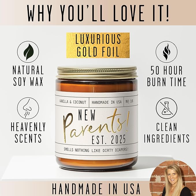 New Parents Gifts for Couples - 'New Parents Est 2025' Candle, w/Coconut, Vanilla I Mom and Dad Gifts for New Parents After Birth I First Time Parents Gift I Expecting Parents I 50 Hr Burn, USA Made - Bloomnest