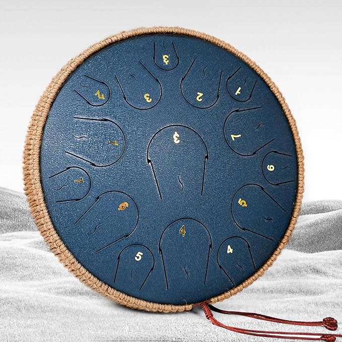 Steel Tongue Drum - 14 Inch 15 Note Tongue Drum - Hand Pan Drum with Music Book, Handpan Mallets and Carry Bag, C Major, Navy Blue - Bloomnest