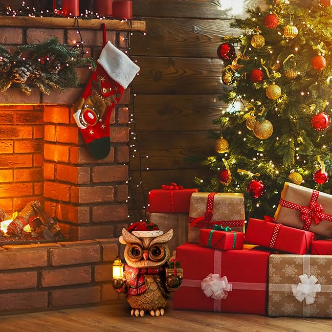 Solar Christmas Owl Decoration Resin Owl Outdoor Statue with LED Lantern for Porch Garden Patio Yard Home Decor Christmas Housewarming Gifts for Women Mom - Bloomnest