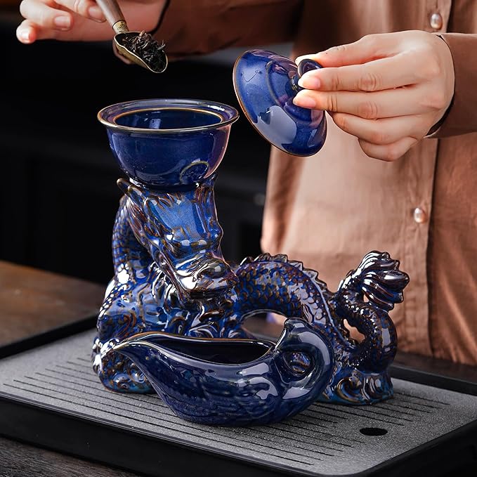 Semi Automatic Tea Set Ceramic Teapot with Infuser Magic Teapot with 8 cups Gradient Color (Dark Blue Dragon-C) - Bloomnest