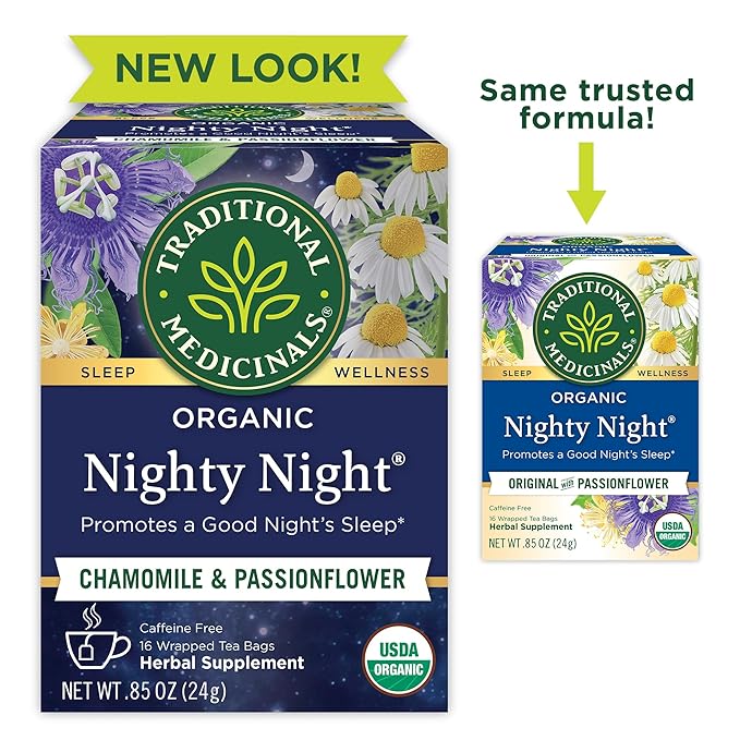 Traditional Medicinals Organic, Nighty Night Tea, Chamomile & Passionflower - Herbal Sleep Aid Teas - Kosher, Non-GMO, Caffeine-Free, Compostable - 16 Tea Bags - Bloomnest