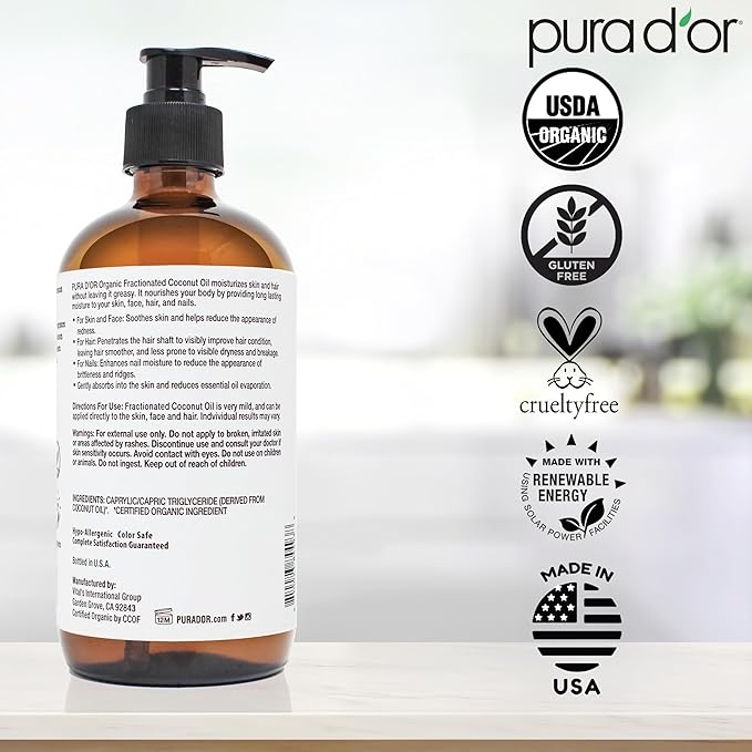 PURA D'OR 16.9 Oz ORGANIC Fractionated Coconut Oil MCT Oil (GLASS BOTTLE) 100% Pure & Natural USDA Certified Cold Pressed - Unscented, Hexane Free Moisturizer For Face, Skin & Hair Tonic - Men & Women - Bloomnest