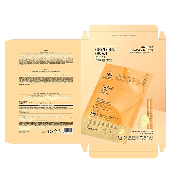 VT COSMETICS Vita-Light Reedle Shot 100 2-Step Hydrogel Mask(34.5gx4ea), Intensive Glowing, Exosome Glutathione Face Mask, Overnight Melting Mask, Korean Facial Mask - Bloomnest