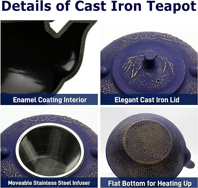 YJX 84.6oz/2500ml Big Cast Iron Tea Kettle for 5 to 8 Persons, Teapot with Stainless Steel Infuser, Cast Iron Teapot with Enamel Interior for Stovetop Safe (2500ml Purple Teapot with Bamboo Pattern) - Bloomnest