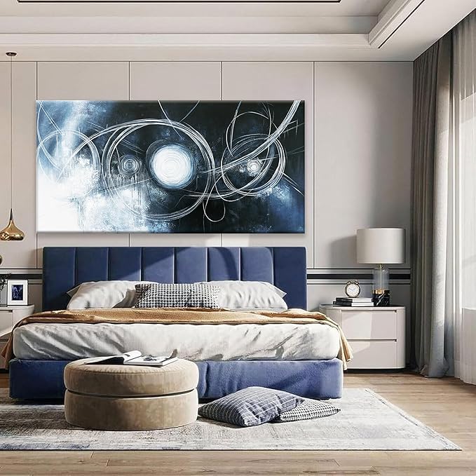 TAIJXAGSG Abstract Wall Art Modern Wall Decorations Maximalist Dark Blue Canvas Wall Art Decor Prints White Line Artwork For Living Room Bedroom Kitchen Office Artwork Ready To Hang 24"×48" - Bloomnest