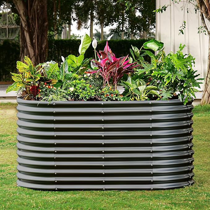 Land Guard 8x4x3ft Oval Galvanized Raised Garden Beds, Large-Capacity Metal Planter Box Outdoor, Durable Deep Raised Garden Bed 3ft Tall, Raised Beds for Gardening Vegetables, Dark Grey - Bloomnest