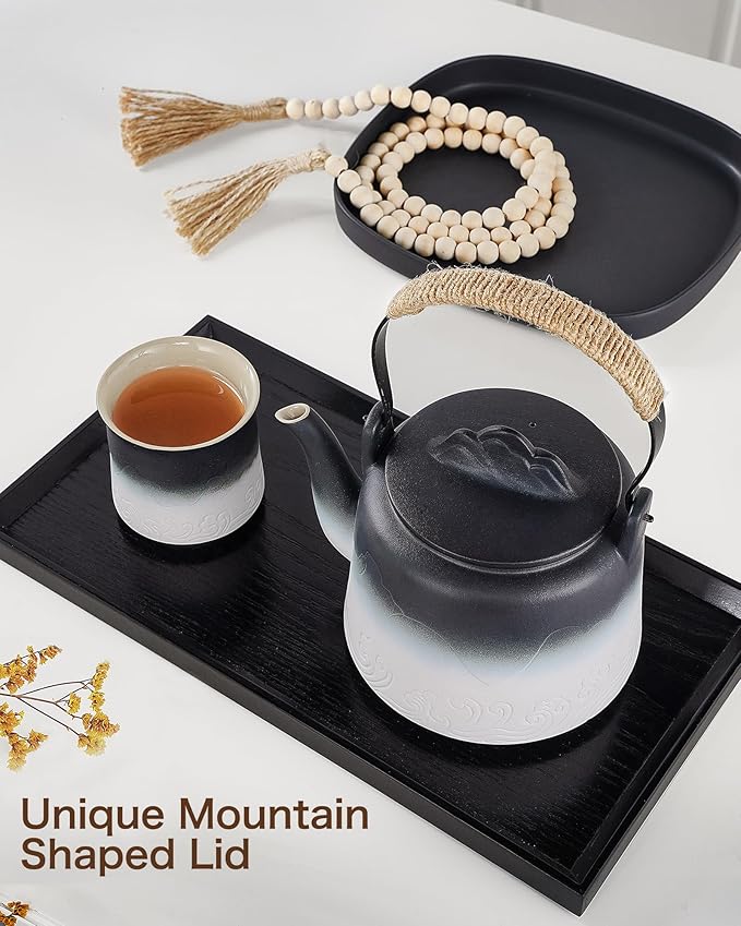 ZENS Vintage Japanese Teapot, 33.8 oz Gradient Embossed Ceramic Loose Leaf Tea Pot with Built-in Filter for Tea Steeper, Hemp Rope Handle Japanese Teapot for Tea Lovers Gifts, Black & White - Bloomnest