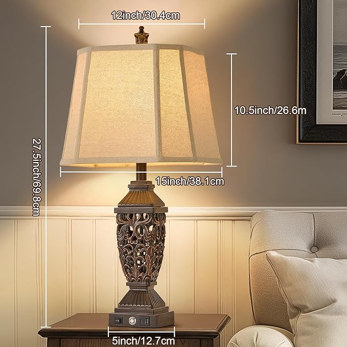 AIDENOEY 27.5“ Farmhouses Table Lamp with USB & USB-C Charging Ports, 3-Color Dimmable & Stepless Bottom Dimming, Touch Control & Switch, Vintage Bedside Lamp for Bedroom Living Room Office,(Brown) - Bloomnest