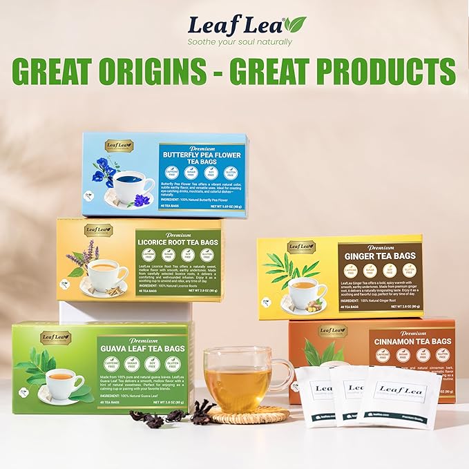 LeafLea 40 Premium Licorice Root Tea Bags, 100% Pure Licorice Spice Tea, Herbal Infusion to Digestive Comfort & Promote Respiratory Health, Te De Regaliz, Caffeine-Free, Sugar-Free, Soothing Flavor - Bloomnest
