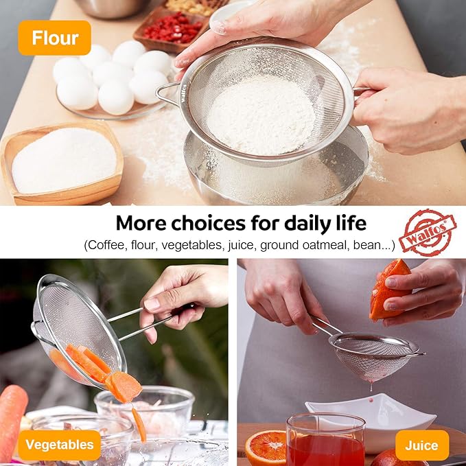 Walfos 6.95 Inch Fine Mesh Strainers, Premium Stainless Steel Colanders and Sifters, with Reinforced Frame and Sturdy Handle, Perfect for Sift, Strain, Drain and Rinse Vegetables, Pastas and Tea - Bloomnest