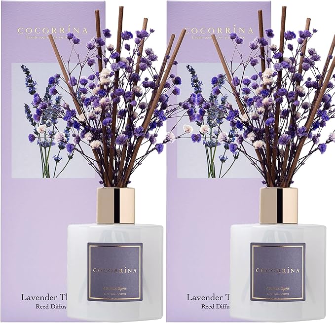 Cocorrína Premium Reed Diffuser Set with Preserved Baby's Breath & Cotton Stick Lavender Thyme 2 Packs, 6.7oz Scent Fragrance Oil Diffuser for Bedroom Bathroom Home Décor - Bloomnest