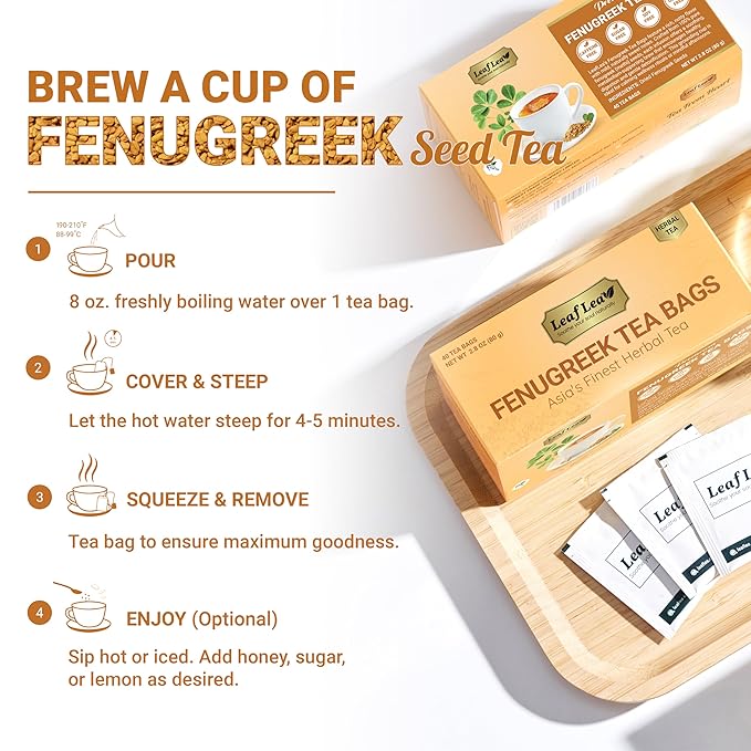 LeafLea 40 Natural Fenugreek Seed Tea Bags, 100% Pure from Fenugreek Seeds, Herbal Tea Infusion, Fenogreco Tea with Distinct Aroma and Smooth Flavor, Caffeine-Free, Individually Wrapped for Freshness - Bloomnest