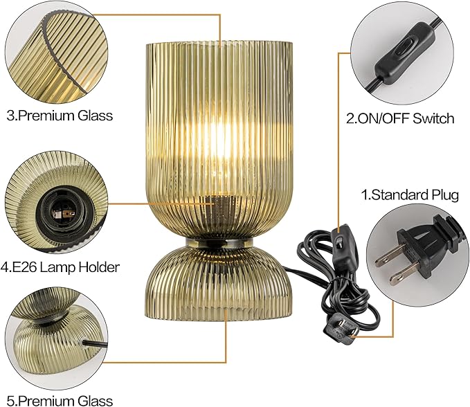 Modern Table Lamp,Glass Mid Century Lamp with Green Glass Shade, Bedside Lamp with On/Off Switch, Minimalist Nightstand Lamp for Bedroom, Living Room, Office (Bulb not Included) - Bloomnest
