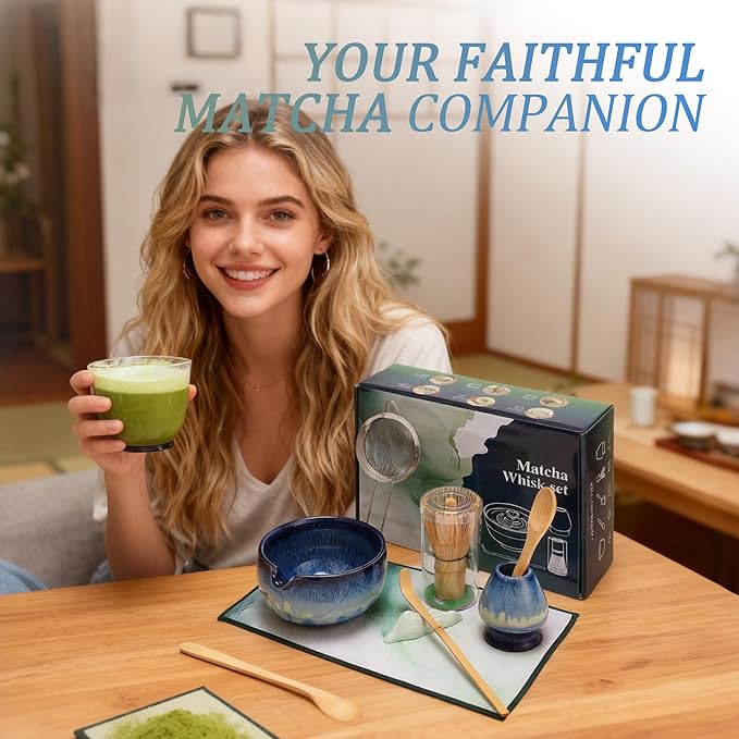 Matcha Whisk Set for Tea Lovers BittPicc 8Pcs Ceramic Matcha Tea Set with Bamboo Whisk, Bowl, Scoop & Holder - Gift for Starter Friend Family Traditional Japanese Tea Ceremony and Breakfast - Bloomnest