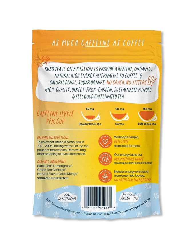 Kubo Tea Lemon Mango Black Tea - Organic High Caffeine Energy Blend - 20 Pyramid Tea Bags (155mg Caffeine each) - Healthy Sugar Free Coffee Substitute for Hot and Iced Drinks - Biodegradable Packaging - Bloomnest