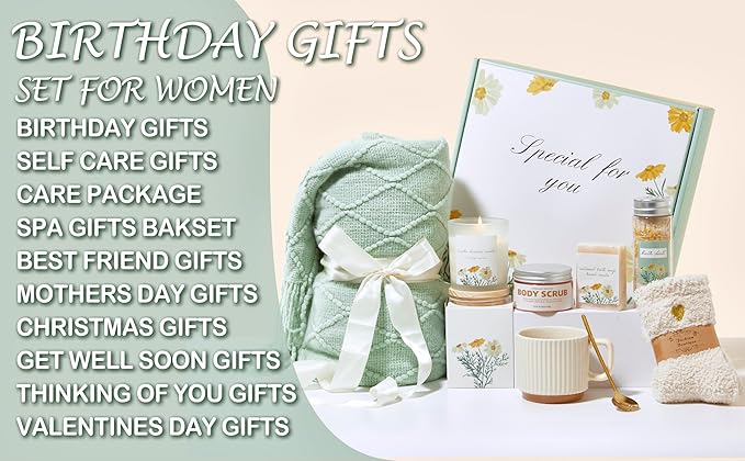 Deluxe Spa Self Care Care Package Gift Baskets for Women & Self-Care Gift Box with Body Scrub & Bath Salt | Home Spa Care Package, Unique Relaxing Birthday Gift & Get Well Gift for Women - Bloomnest