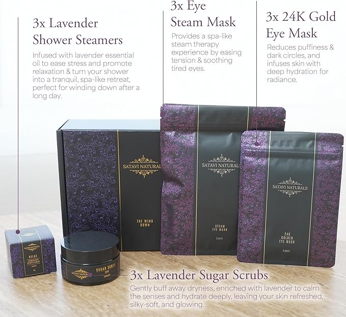 Spa Gift Set for Women – Lavender Aromatherapy Shower Steamers, Sugar Scrub, 24K Gold Eye Masks & Steam Eye Mask | Self Care & Relaxation Gift Box for Stress Relief at Home - Bloomnest