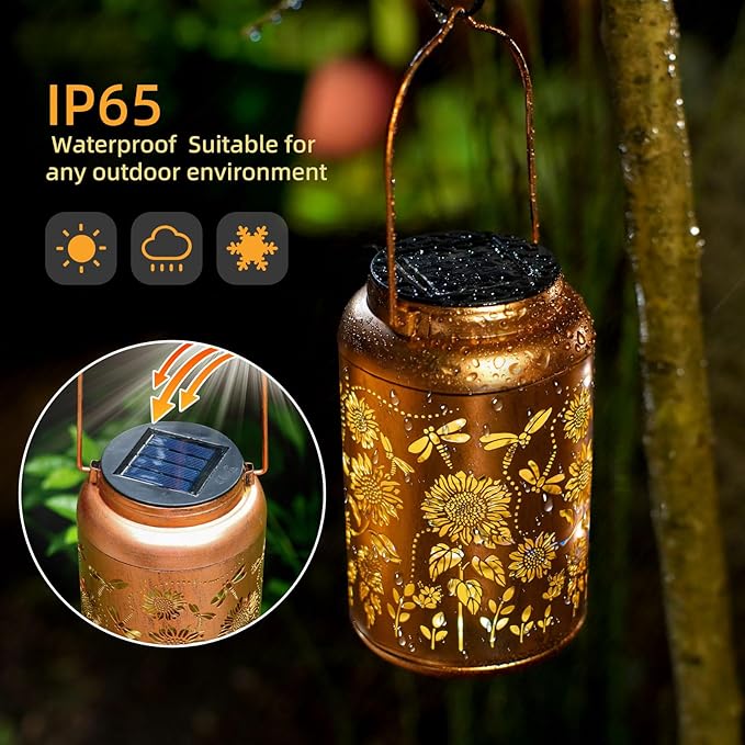 Sunflower Solar Lanterns Outdoor Waterproof,Birthday Gifts for Women Men Mom,Dragonfly Hanging Solar Lights Garden Decor Outdoor Lantern Metal Light Decorative Yard,Patio,Lawn,Porch,Deck,Balcony - Bloomnest